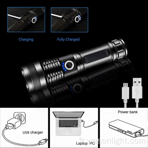 1000 lumens rechargeable tactique de poche tactique résistante à l&#39;eau xhp50 zoomable super lumineuse en flambeau extérieur avec affichage de puissance